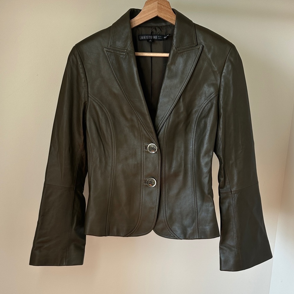 Lafayette 148 New York Dark Olive Leather Lambskin‎ Blazer